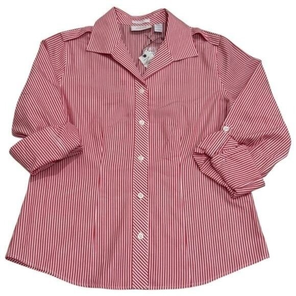NEW Chico's Red and White Stripe Rolltab Sleeve Collared Buttonup Picnic S/4 - Picture 2 of 6